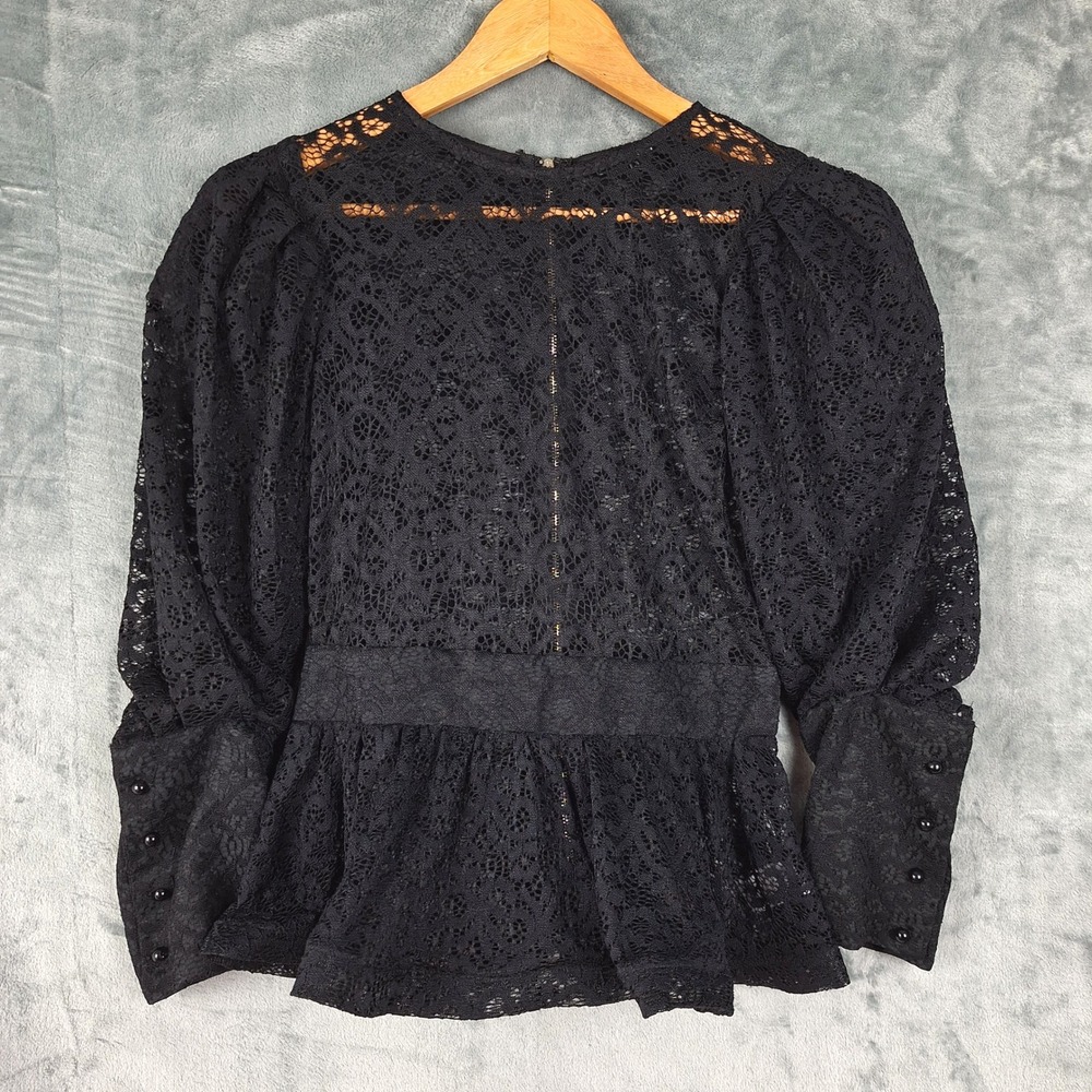 Womens Top Small Black Floral Lace Fairy Grunge Whimsigoth Zip Back Sheer Goth